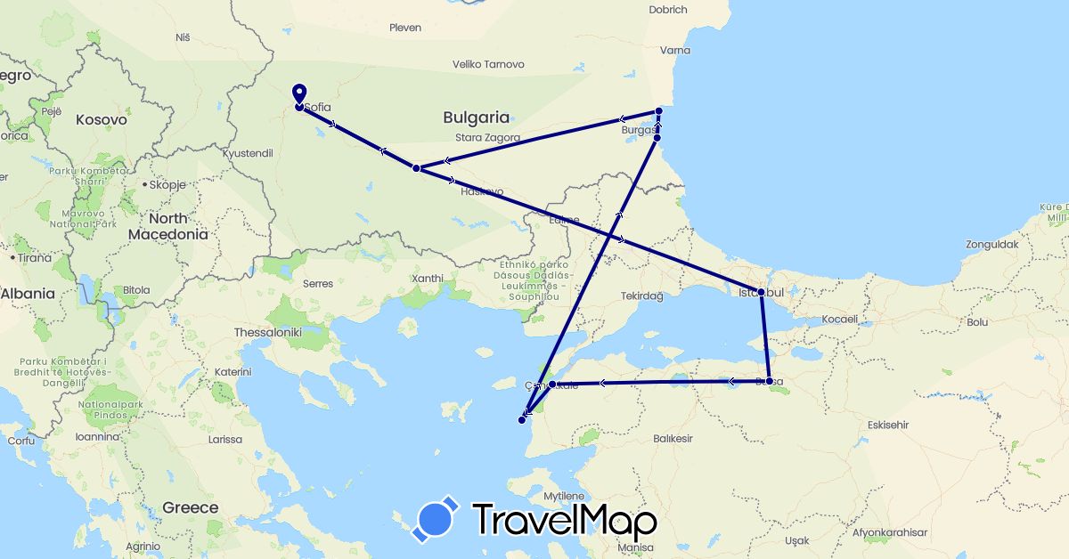 TravelMap itinerary: driving in Bulgaria, Turkey (Asia, Europe)